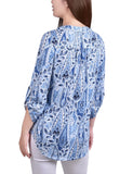 Navy Amoreduo 3/4 Bell Sleeve Pleat Front Y Neck Top